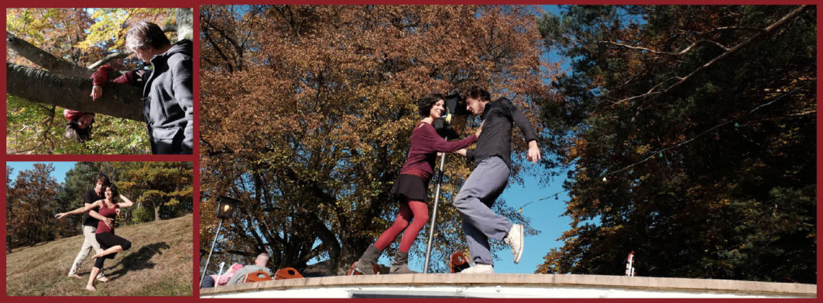 Collage Tanzendes Paar auf Biergartenmauer und Hang am Gögerl. Sowie einer Frau, die auf einem Ast am Baum liegt und nach unten schaut. Daneben steht ein Mann